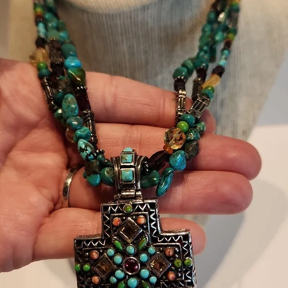 Vintage Sterling Silver and Turquoise Cross Necklace